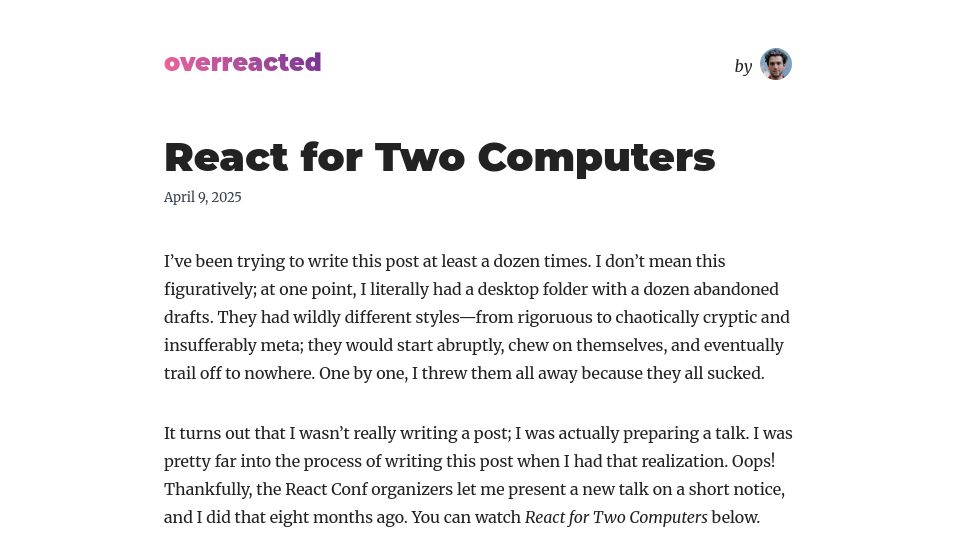 Screenshot of overreacted.io: React for Two Computers