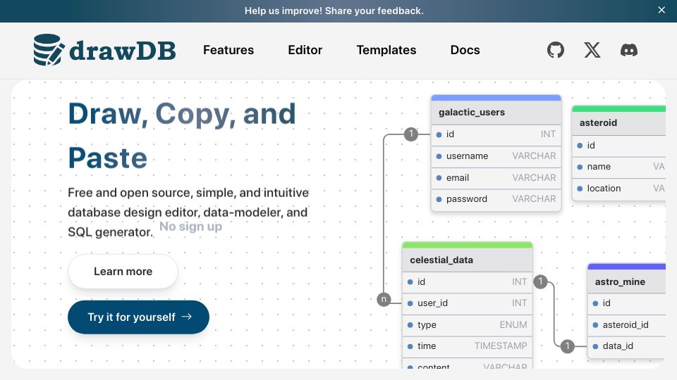 Screenshot of drawdb.app: Show HN: DrawDB – open-source online database diagram editor (a retro)