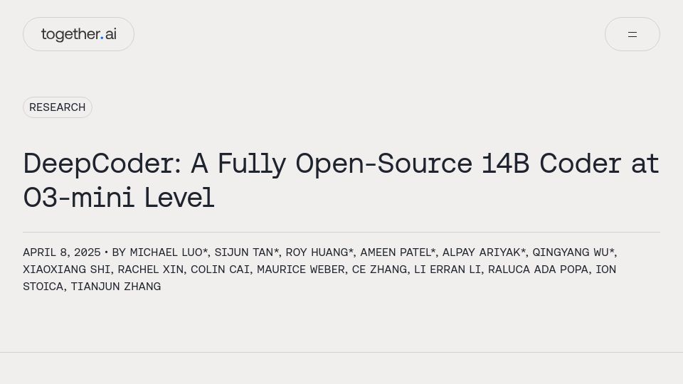 Screenshot of together.ai: DeepCoder: An Open-Source 14B Coder at O3-Mini Level