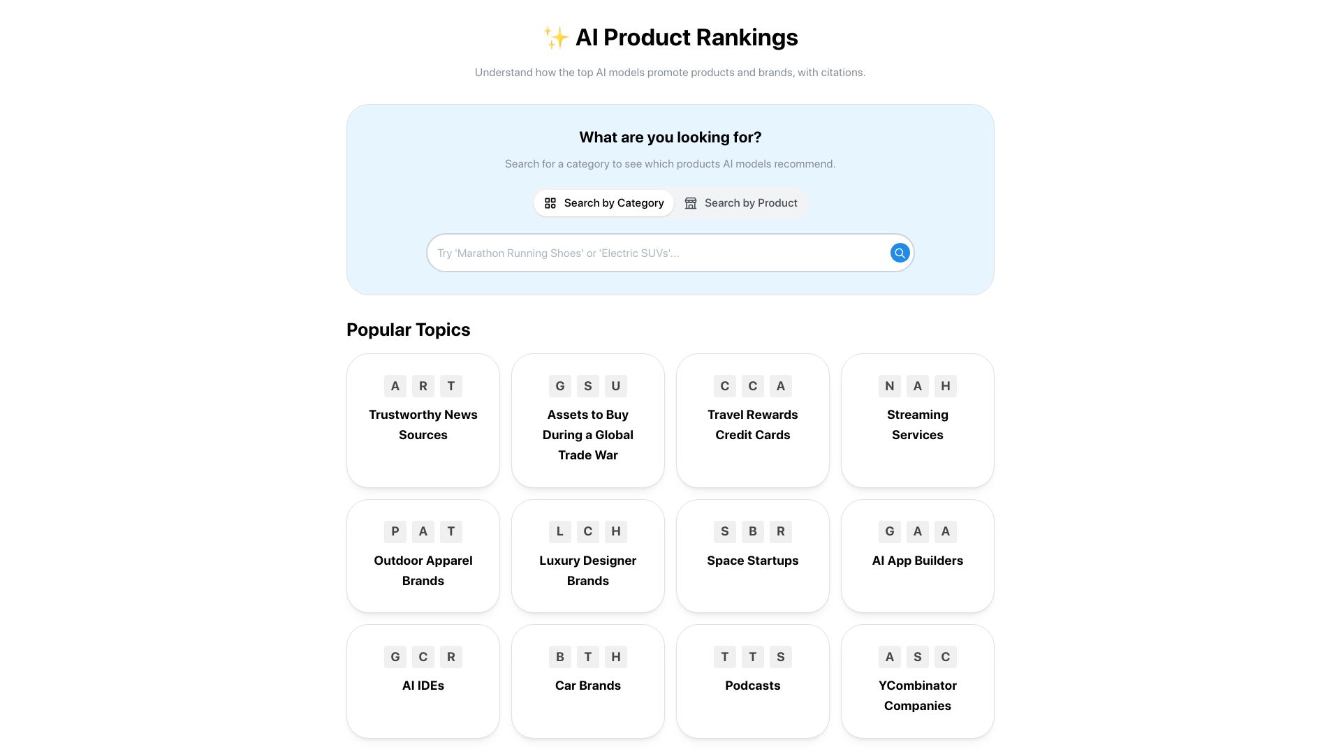 Screenshot of productrank.ai: Show HN: Comparing product rankings by OpenAI, Anthropic, and Perplexity