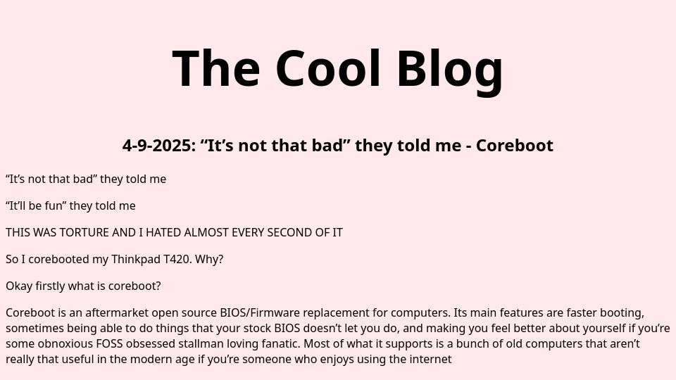 Screenshot of lilysthings.org: "It's not that bad" they told me – Coreboot