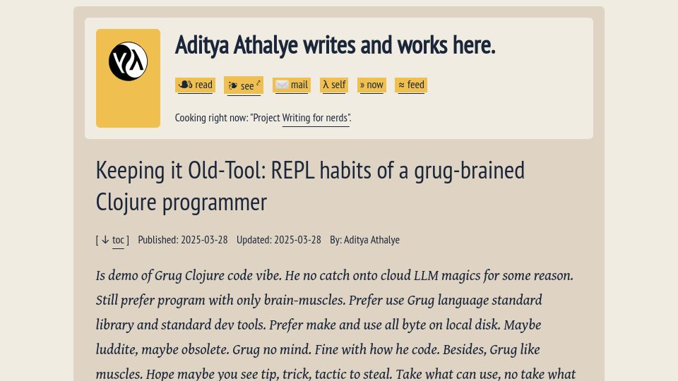 Screenshot of evalapply.org: Keeping it Old-Tool: REPL habits of a grug-brained Clojure programmer