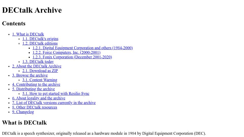 Screenshot of dectalk.nu: DECtalk Archive