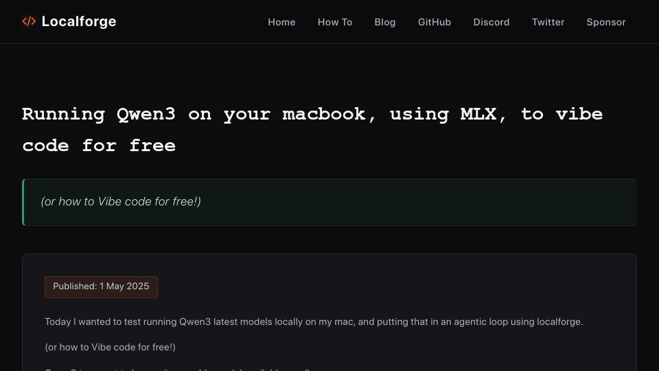 Screenshot of localforge.dev: How to vibe code for free: Running Qwen3 on your Mac, using MLX