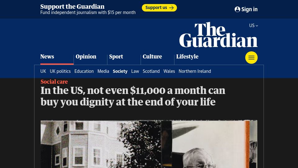 Screenshot of theguardian.com: In the US, not even $11,000 a month can buy you dignity at the end of your life