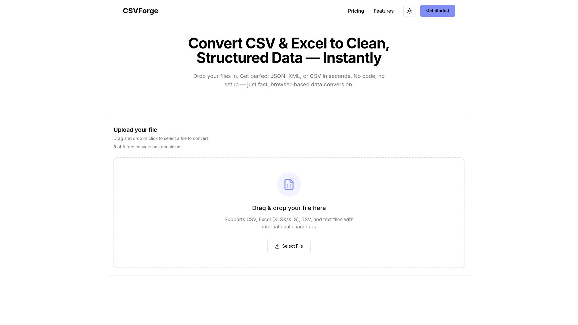 Screenshot of csvforge.com: Show HN: Convert Large CSV/XLSX to JSON or XML in Browser
