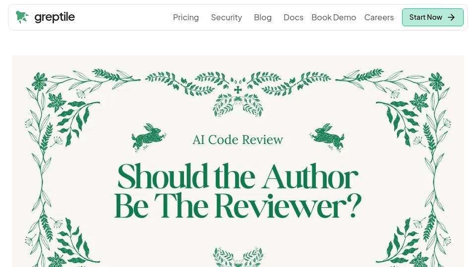 Screenshot of greptile.com: AI code review: Should the author be the reviewer?