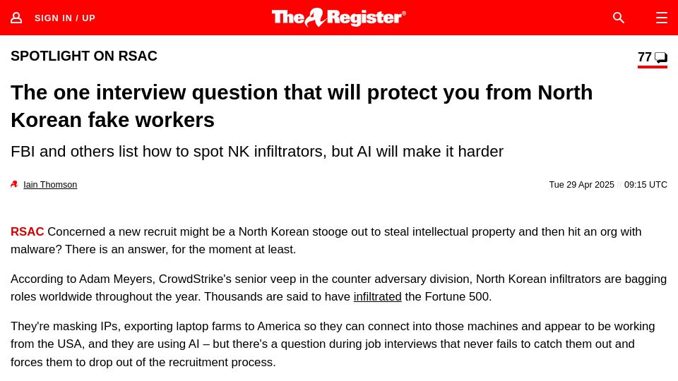 Screenshot of theregister.com: An interview question that will protect you from North Korean fake workers