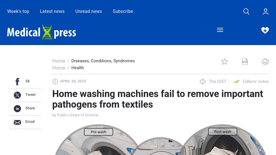 Screenshot of medicalxpress.com: Home washing machines fail to remove important pathogens from textiles