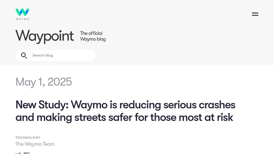 Screenshot of waymo.com: New Study: Waymo is reducing serious crashes and making streets safer