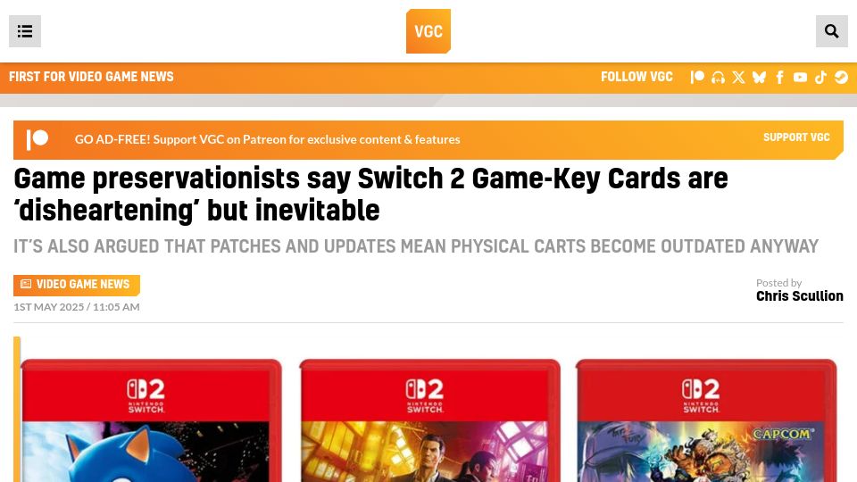 Screenshot of videogameschronicle.com: Game preservationists say Switch2 GameKey Cards are disheartening but inevitable