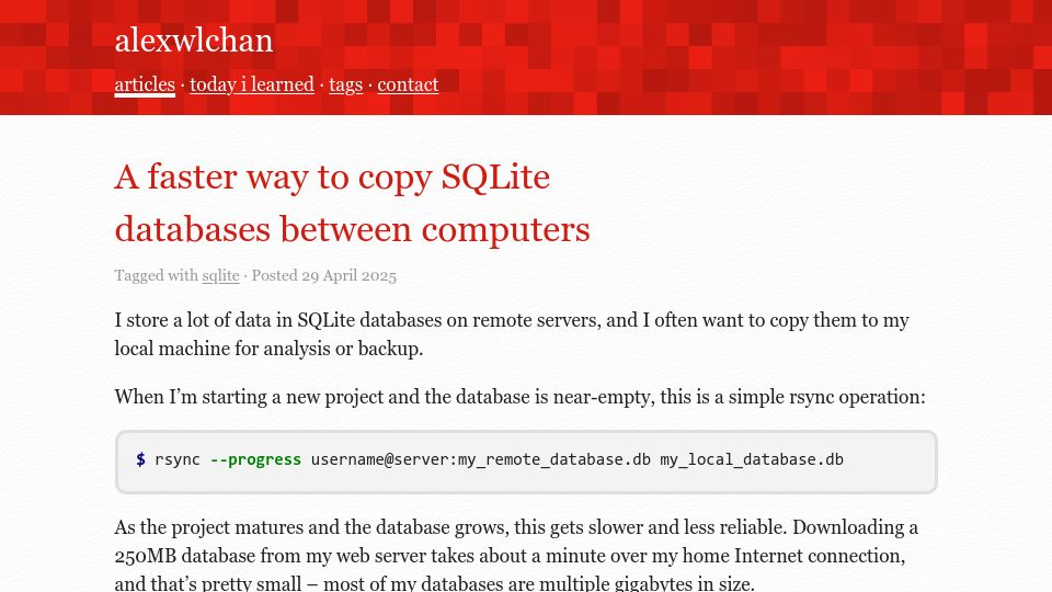 Screenshot of alexwlchan.net: A faster way to copy SQLite databases between computers