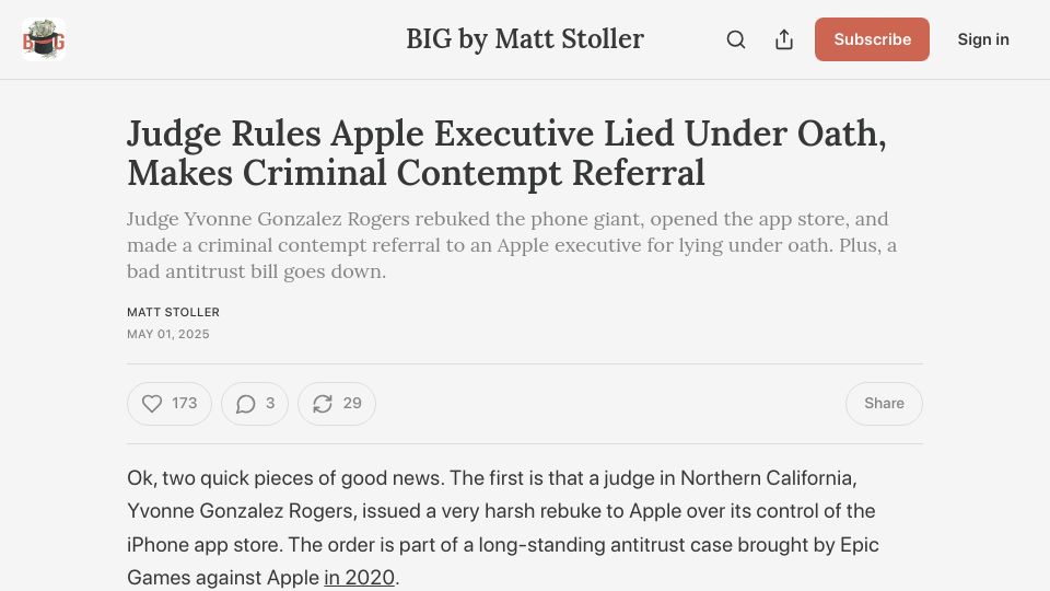 Screenshot of thebignewsletter.com: Judge rules Apple executive lied under oath, makes criminal contempt referral