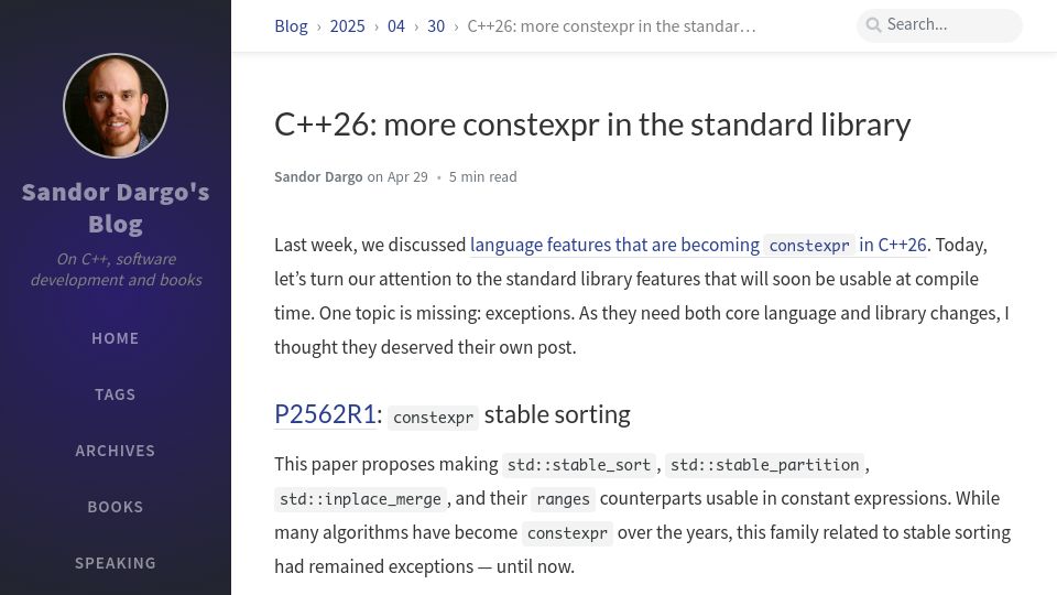 Screenshot of sandordargo.com: C++26: more constexpr in the standard library