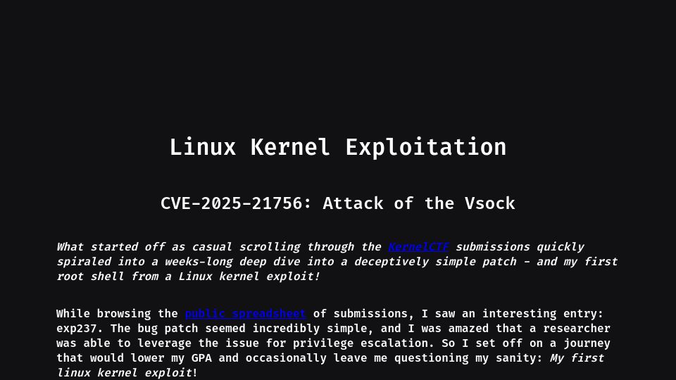 Screenshot of hoefler.dev: Linux Kernel Exploitation: Attack of the Vsock