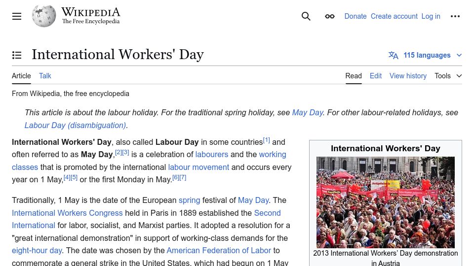Screenshot of en.wikipedia.org: International Workers' Day