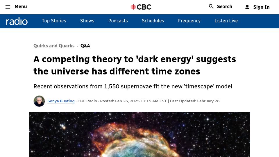 Screenshot of cbc.ca: A competing theory to 'dark energy' suggests universe has different time zones