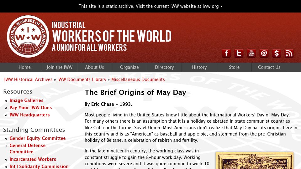 Screenshot of archive.iww.org: The Brief Origins of May Day