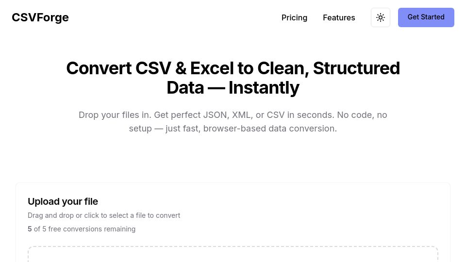 Screenshot of csvforge.com: Show HN: Convert Large CSV/XLSX to JSON or XML in Browser