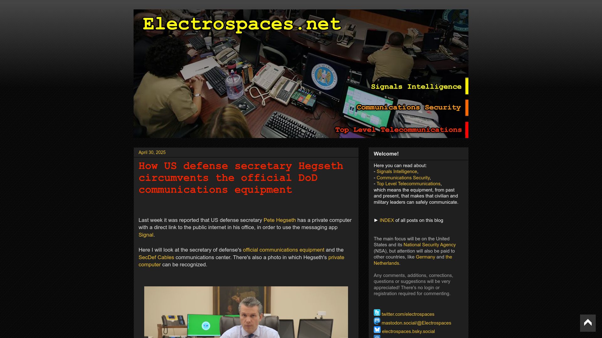 Screenshot of electrospaces.net: How the US defense secretary circumvents official DoD communications equipment