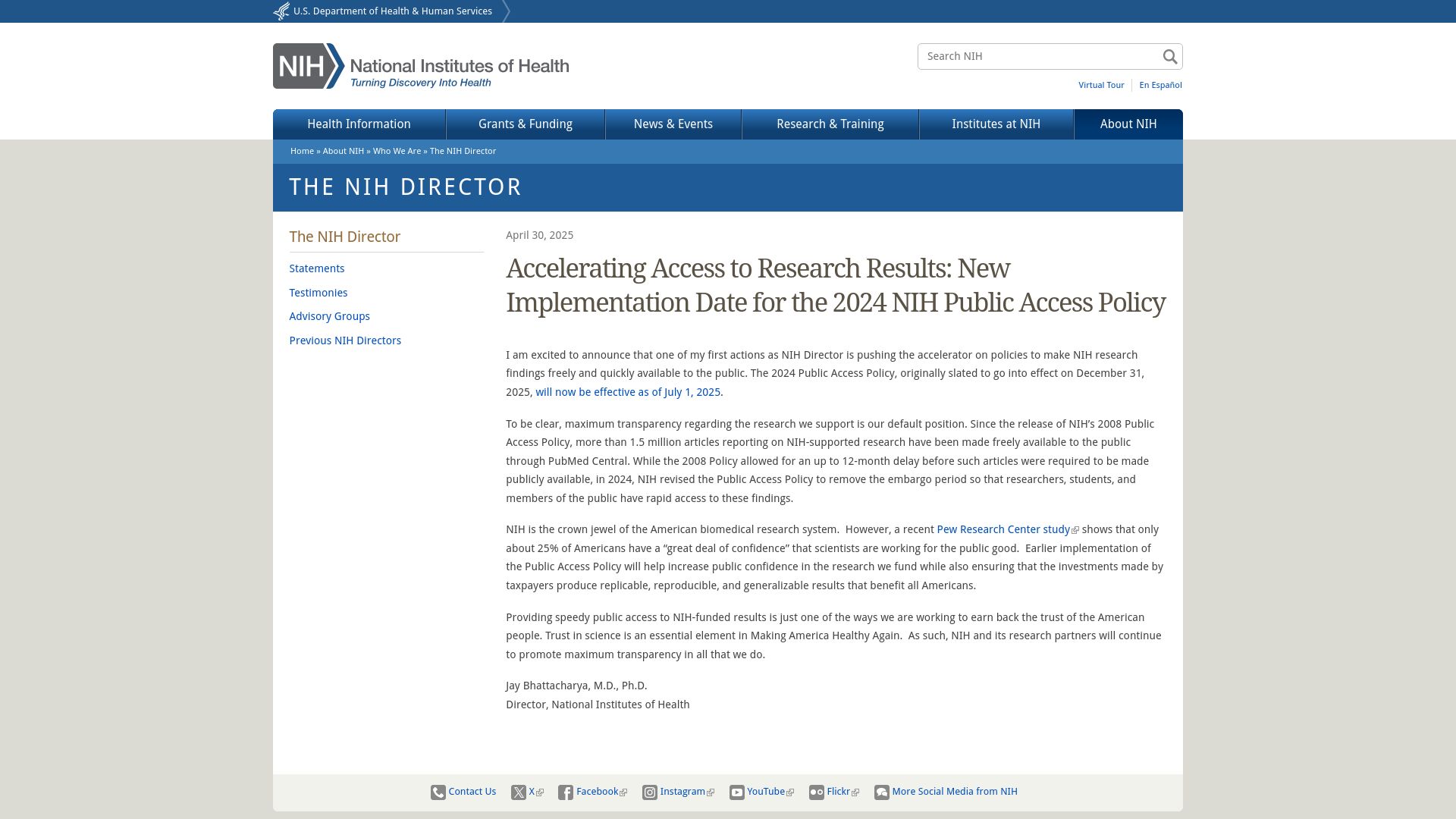 Screenshot of nih.gov: Starting July 1, academic publishers can't paywall NIH-funded research