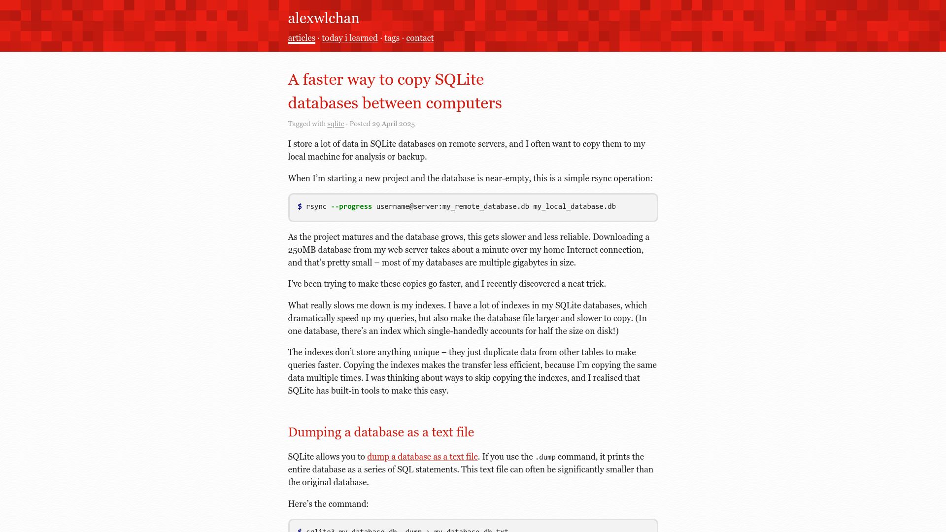 Screenshot of alexwlchan.net: A faster way to copy SQLite databases between computers