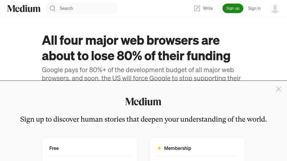 Screenshot of danfabulich.medium.com: All four major web browsers are about to lose 80% of their funding