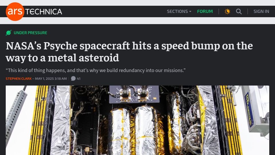Screenshot of arstechnica.com: NASA's Psyche spacecraft hits a speed bump on the way to a metal asteroid