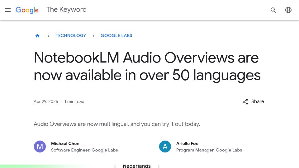 Screenshot of blog.google: NotebookLM Audio Overviews are now available in over 50 languages
