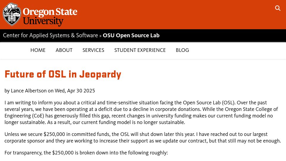 Screenshot of osuosl.org: Future of OSU Open Source Lab in Jeopardy