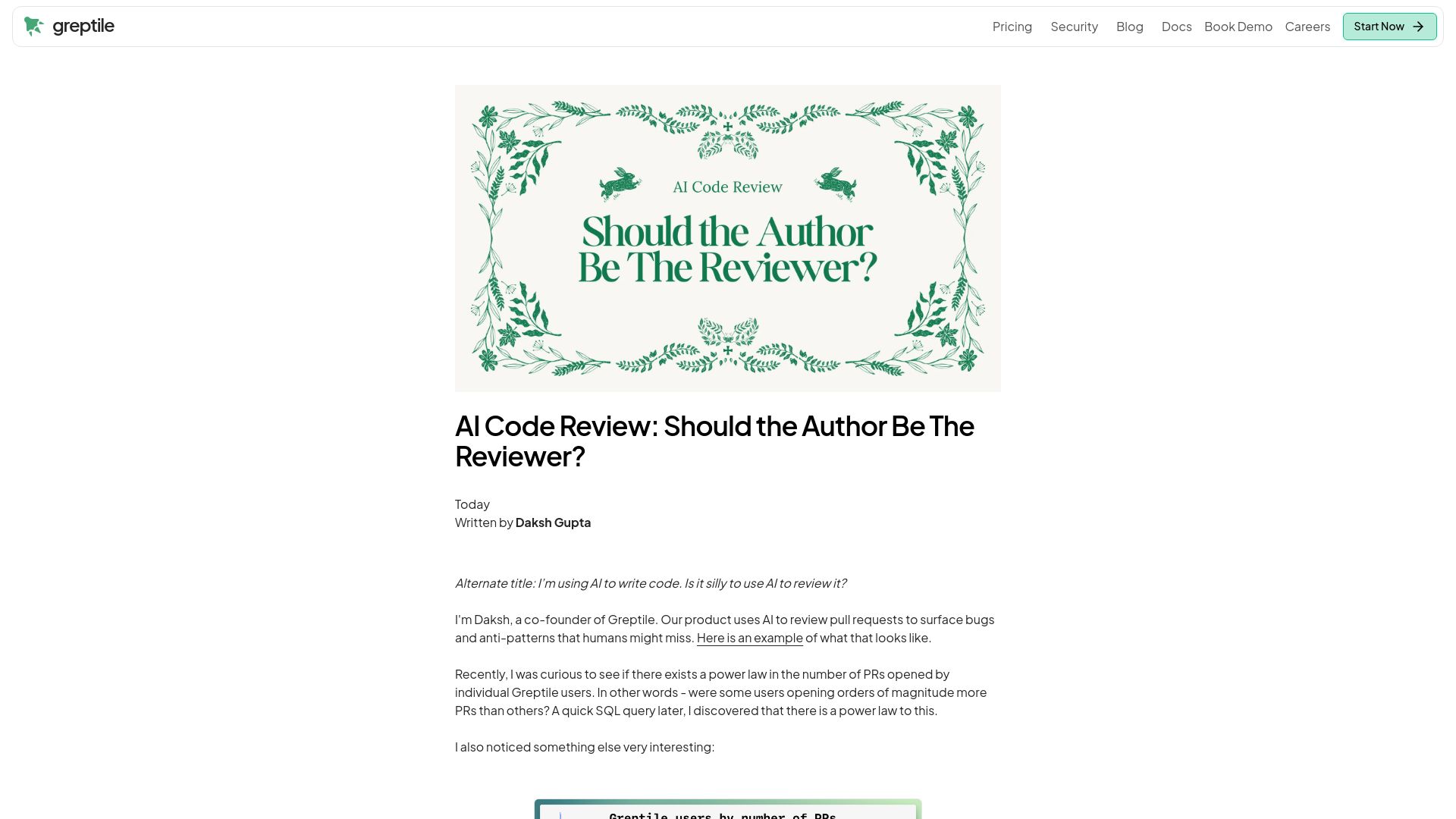 Screenshot of greptile.com: AI code review: Should the author be the reviewer?