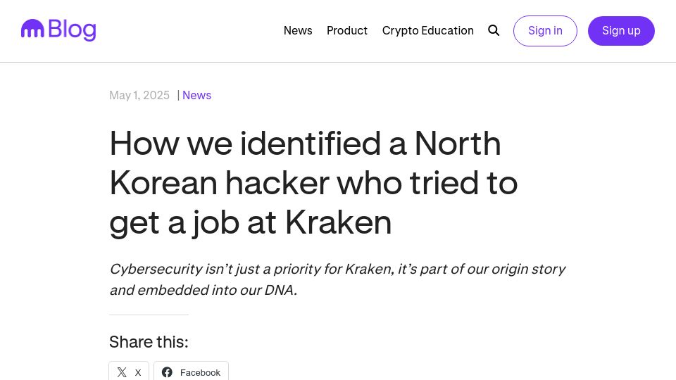 Screenshot of blog.kraken.com: We identified a North Korean hacker who tried to get a job