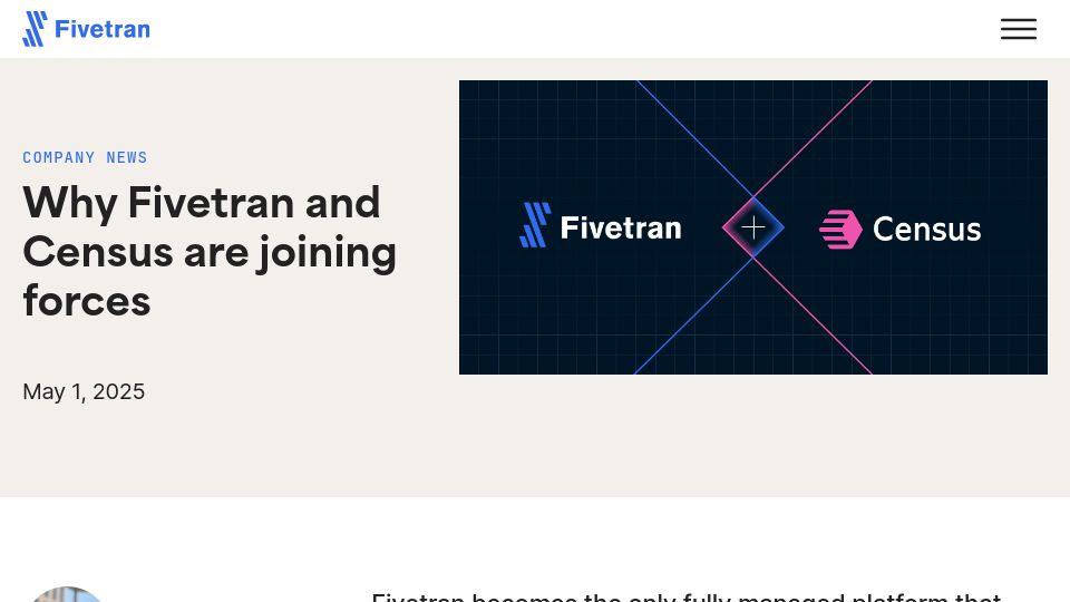 Screenshot of fivetran.com: Fivetran to acquire Census