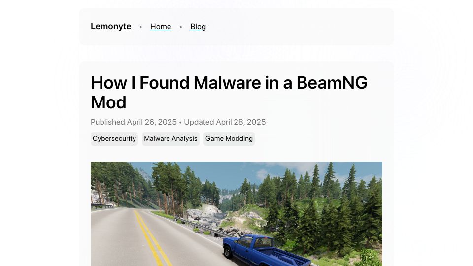 Screenshot of lemonyte.com: I Found Malware in a BeamNG Mod