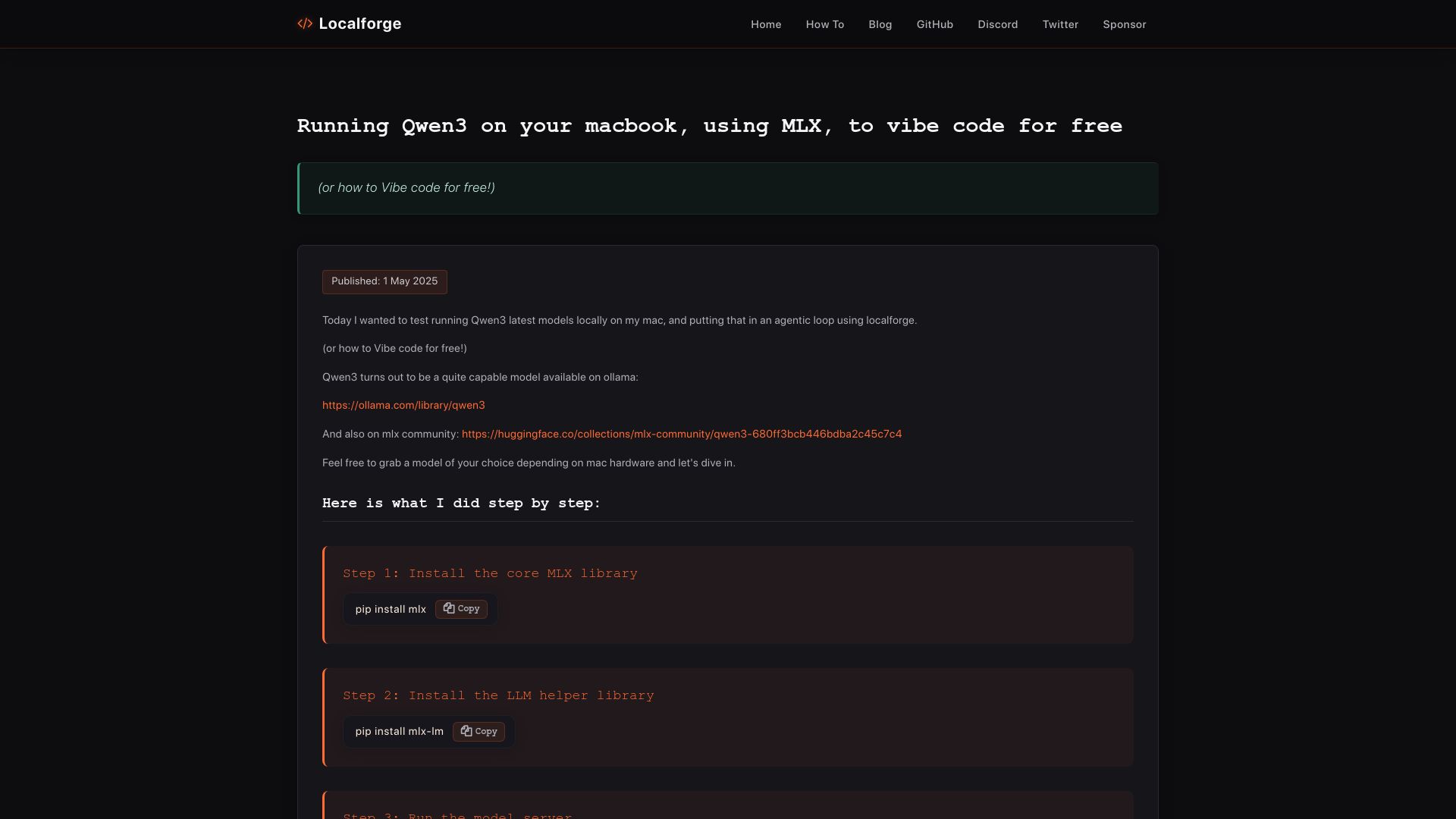 Screenshot of localforge.dev: How to vibe code for free: Running Qwen3 on your Mac, using MLX