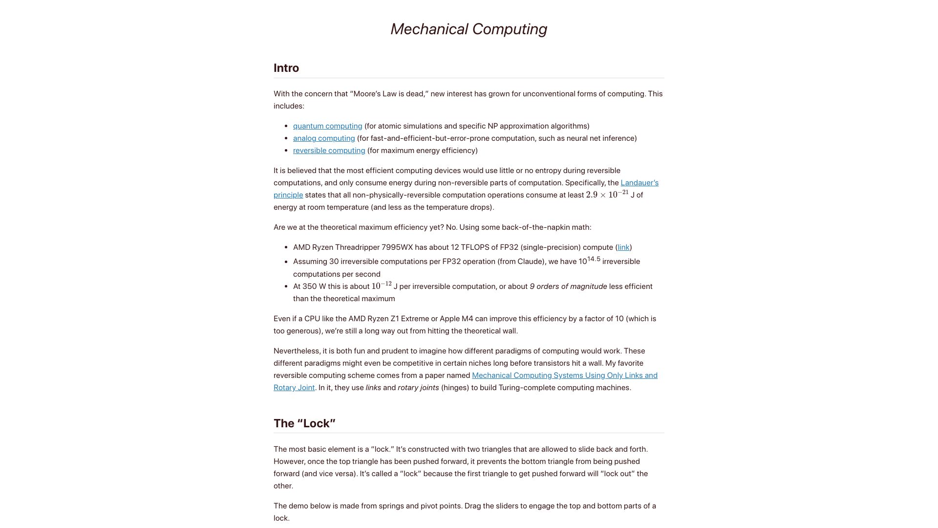 Screenshot of tennysontbardwell.com: Reversible computing with mechanical links and pivots