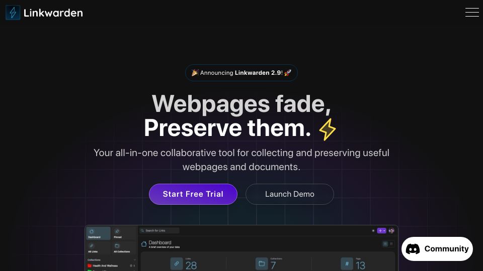 Screenshot of linkwarden.app: Linkwarden: FOSS self-hostable bookmarking with AI-tagging and page archival