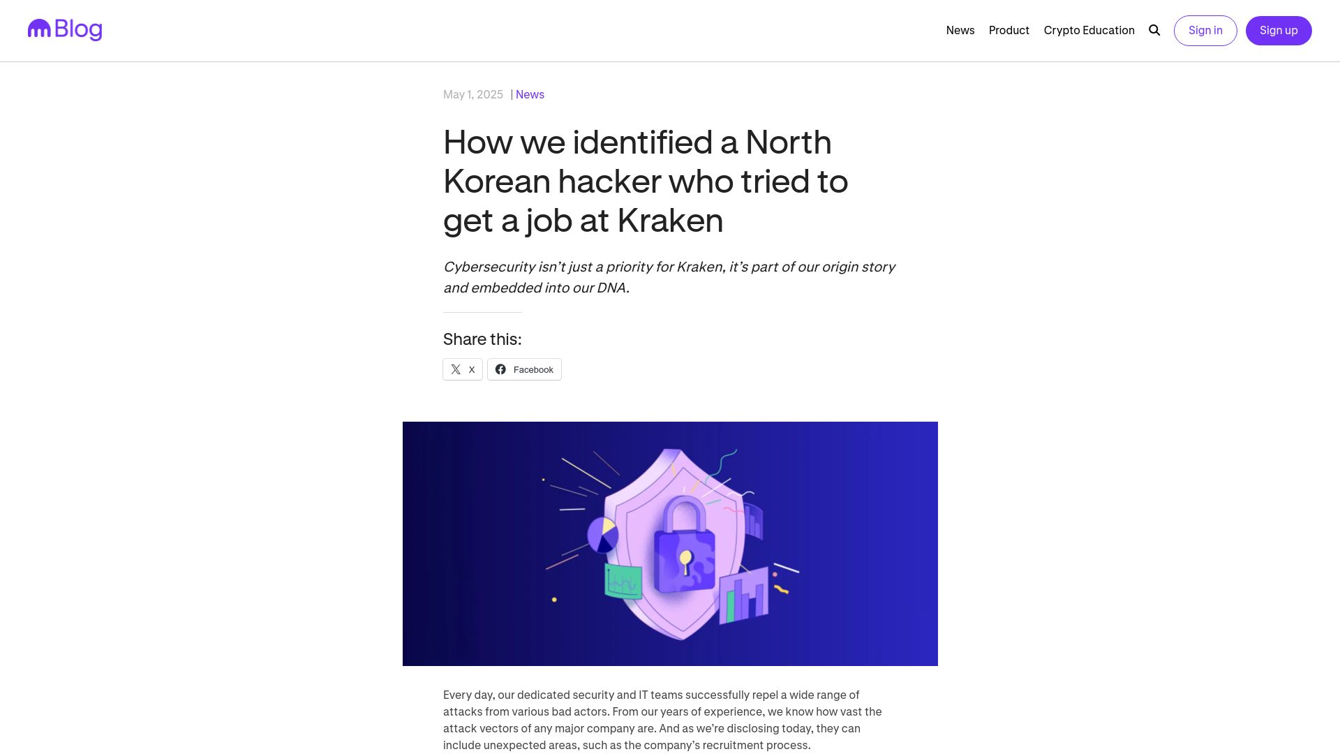 Screenshot of blog.kraken.com: We identified a North Korean hacker who tried to get a job