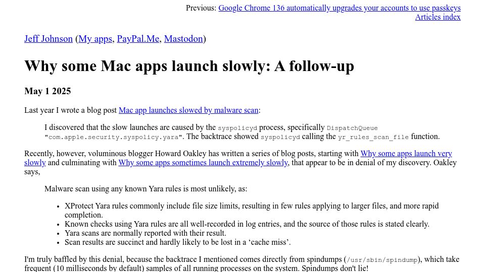 Screenshot of lapcatsoftware.com: Mac app launches slowed by malware scan (2024)