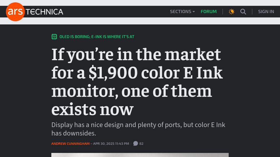 Screenshot of arstechnica.com: If you're in the market for a $1,900 color E Ink monitor, one of them exists now