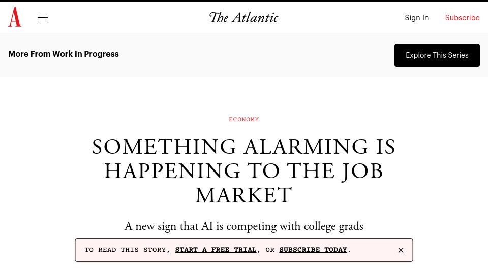 Screenshot of theatlantic.com: Something Alarming Is Happening to the Job Market