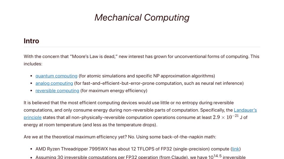 Screenshot of tennysontbardwell.com: Reversible computing with mechanical links and pivots