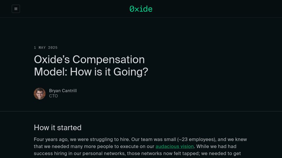 Screenshot of oxide.computer: Oxide’s compensation model: how is it going?