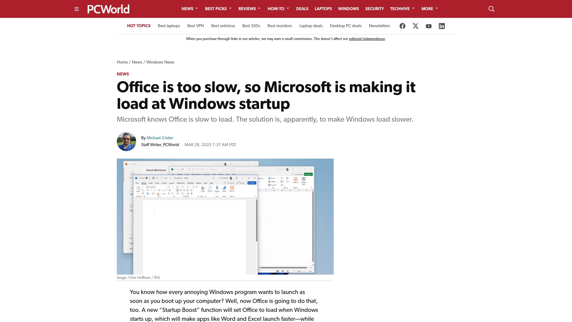 Screenshot of pcworld.com: Office is too slow, so Microsoft is making it load at Windows startup