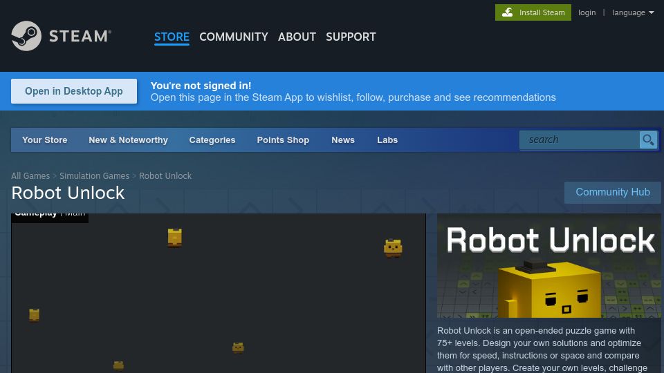 Screenshot of store.steampowered.com: Show HN: Robot Unlock – an open-ended programming game/zachlike