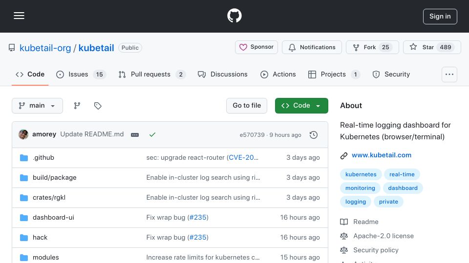 Screenshot of github.com: Show HN: Kubetail – Real-time log search for Kubernetes