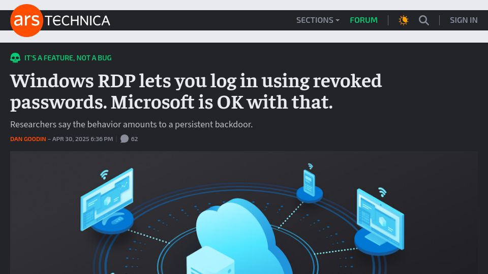 Screenshot of arstechnica.com: Windows RDP lets you log-in using revoked passwords. Microsoft is ok with that