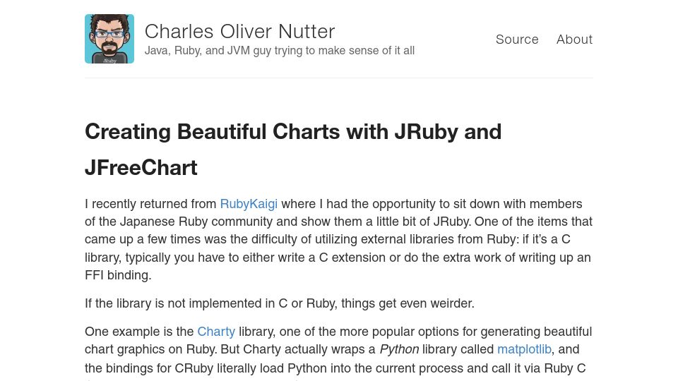 Screenshot of blog.headius.com: Creating beautiful charts with JRuby and JFreeChart
