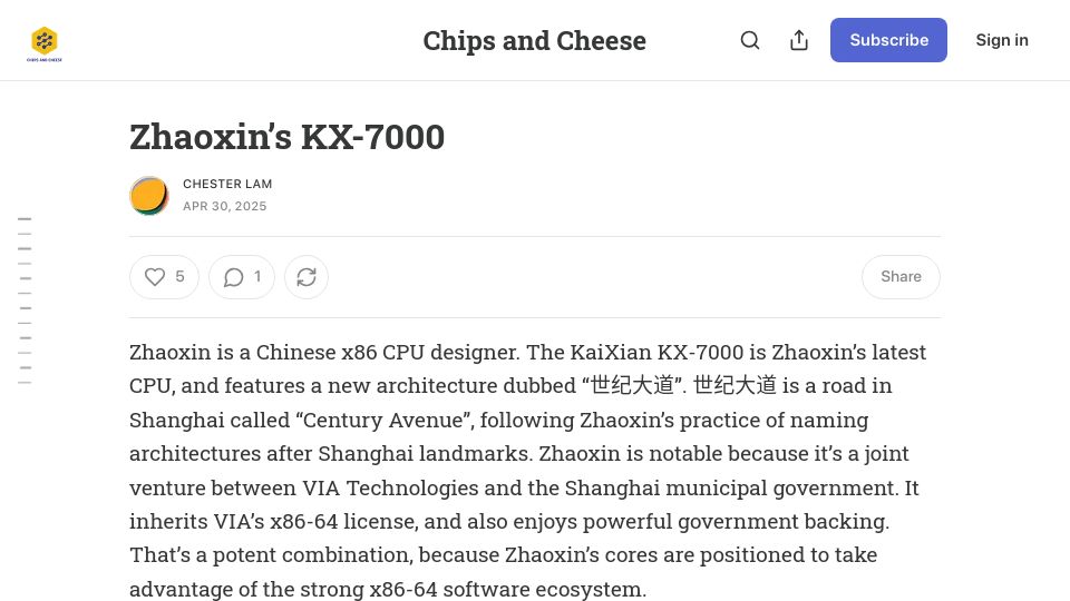 Screenshot of chipsandcheese.com: Zhaoxin's KX-7000