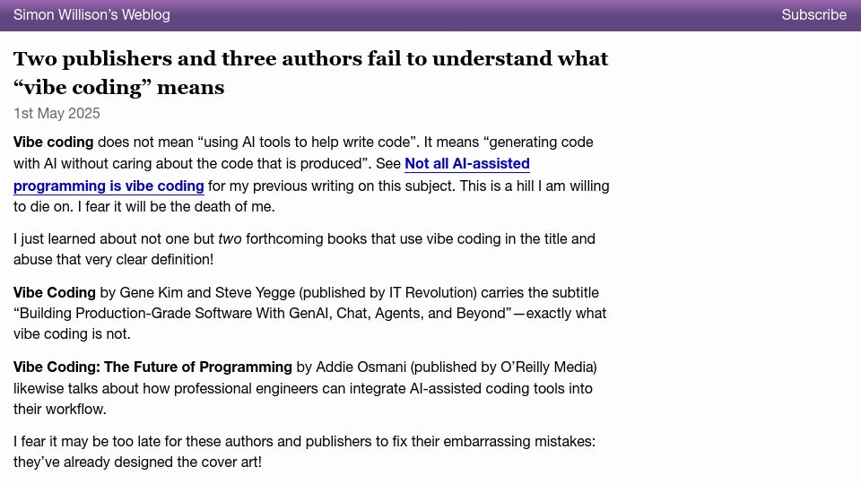 Screenshot of simonwillison.net: Two publishers and three authors fail to understand what "vibe coding" means